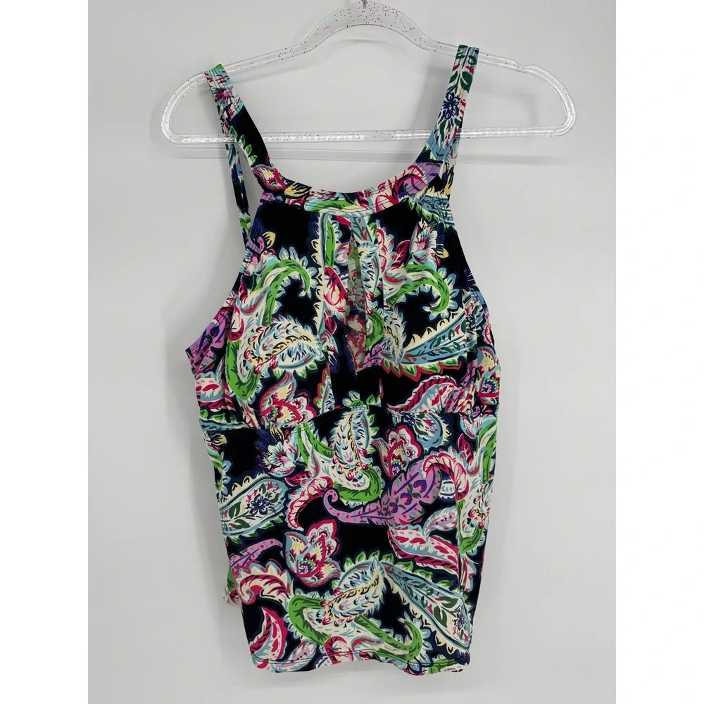 Liz Claiborne Sz XXL Paisley Floral Halter Tankini Swim Top Keyhole Navy Blue
